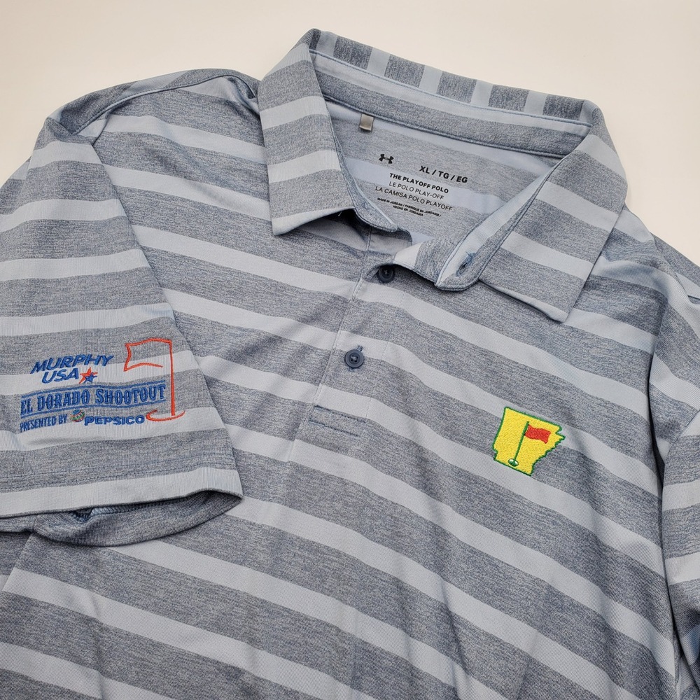 Under Armour Mens XL Playoff Polo Blue Striped Arkansas El Dorado Shootout Shirt
